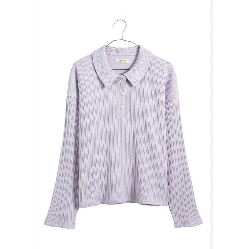 Madewell Ribbed Polo Top Womens Medium Lavender Purple Long Sleeve Button N0377